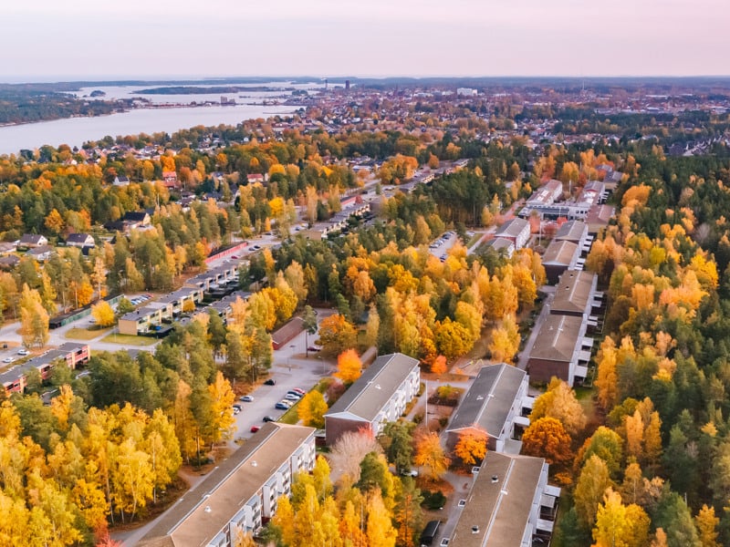 En flygbild av en stad omgiven av träd.