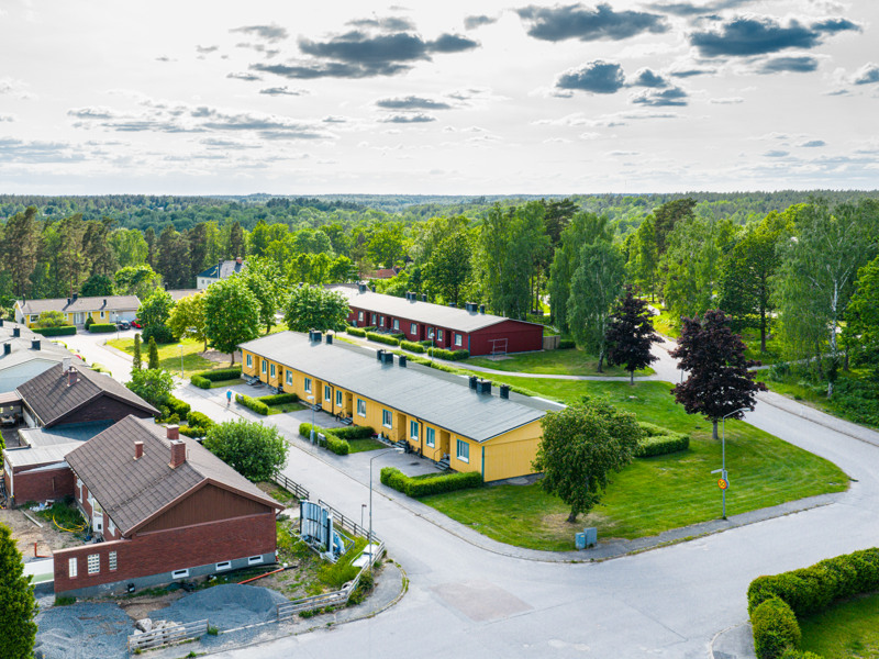 En flygbild av en liten stad omgiven av träd.