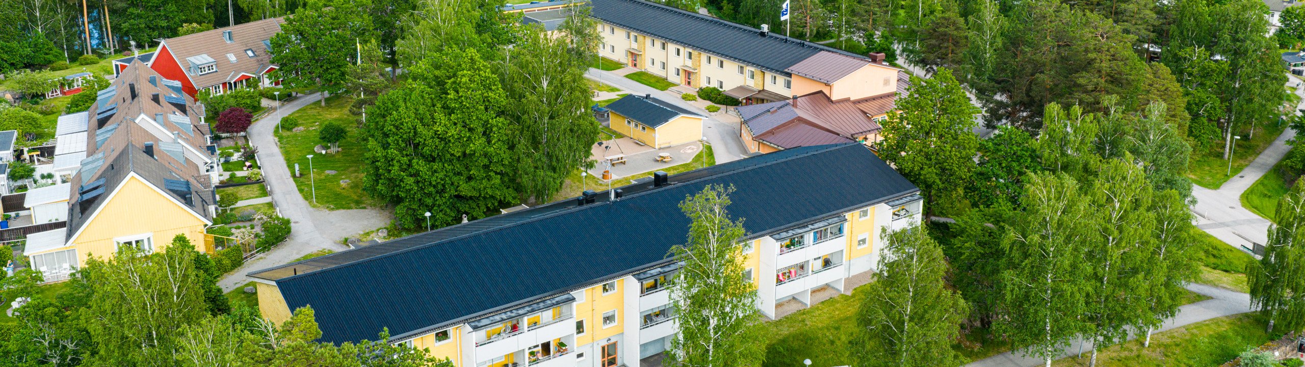 Ett fågelperspektiv av ett bostadsområde.