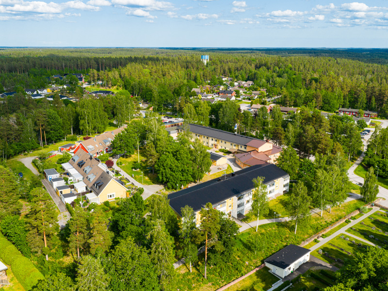 En flygbild av en stad omgiven av träd.