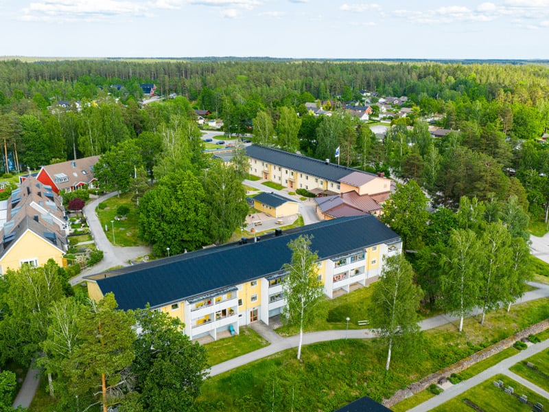 Ett fågelperspektiv av ett bostadsområde.