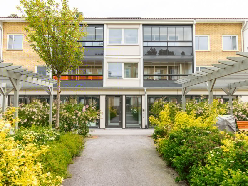 En byggnad som har många växter framför sig.