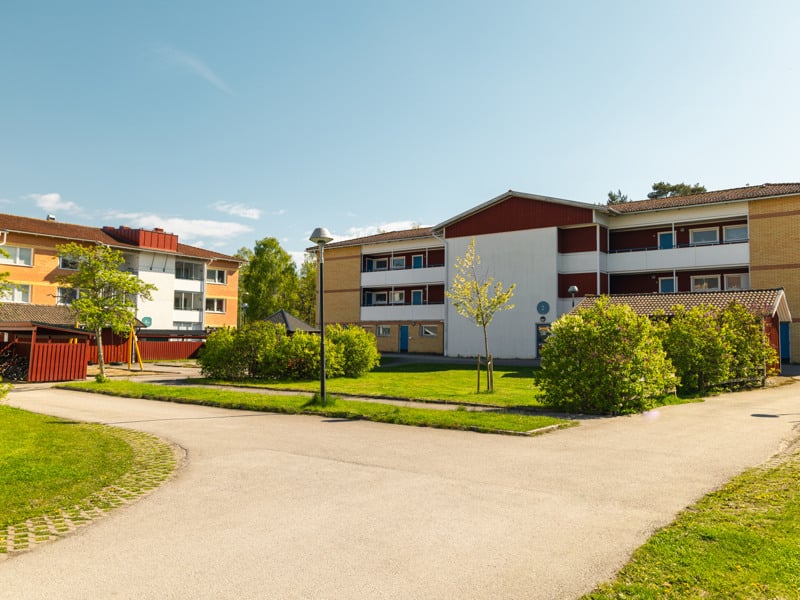 Några byggnader som ligger bredvid varandra på ett grönskande fält.