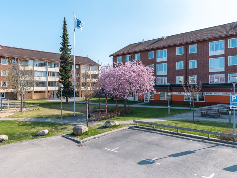 En tom parkeringsplats framför en byggnad.