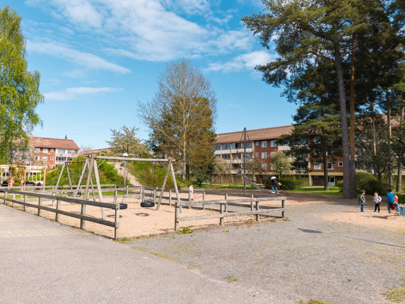 En grupp människor som går runt i en park.