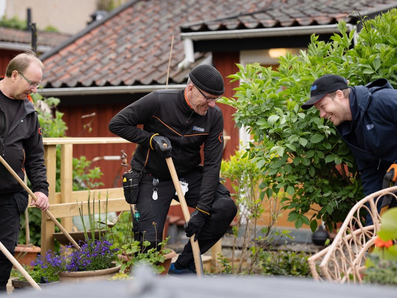 En grupp män som står bredvid varandra i en trädgård.