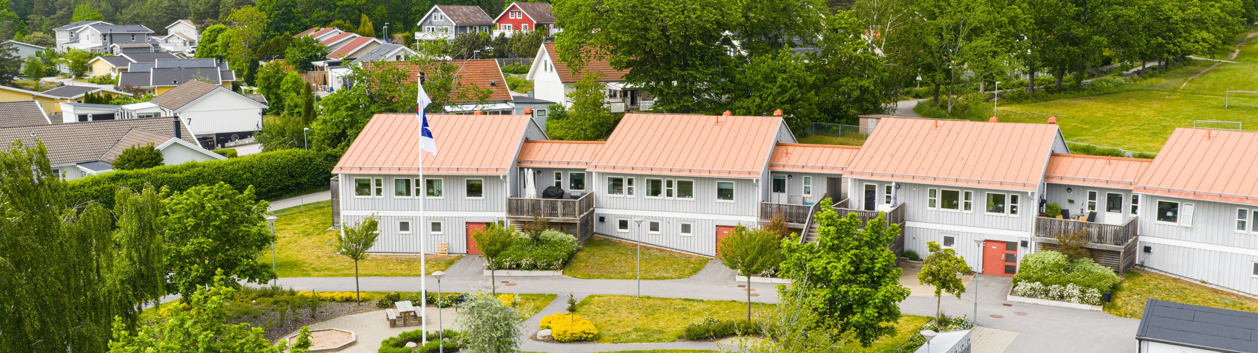 Ett fågelperspektiv av ett bostadsområde.