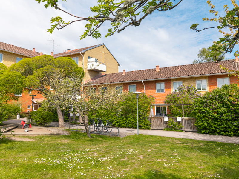 Några byggnader som ligger bredvid varandra på ett grönskande fält.