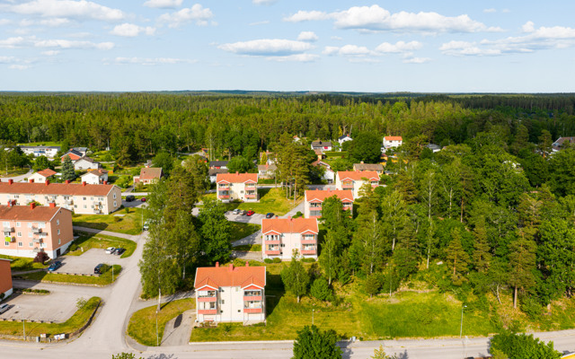 En flygbild av ett bostadsområde i skogen.